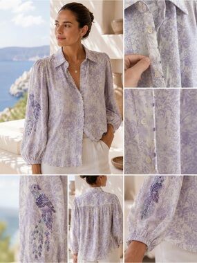 TAJ by Sabrina Crippa Lavender Toile Beaded Blouse Sequin Embroidered Sleeve Top